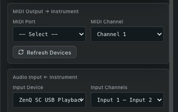 Hardware capture setup with MIDI output and audio input controls