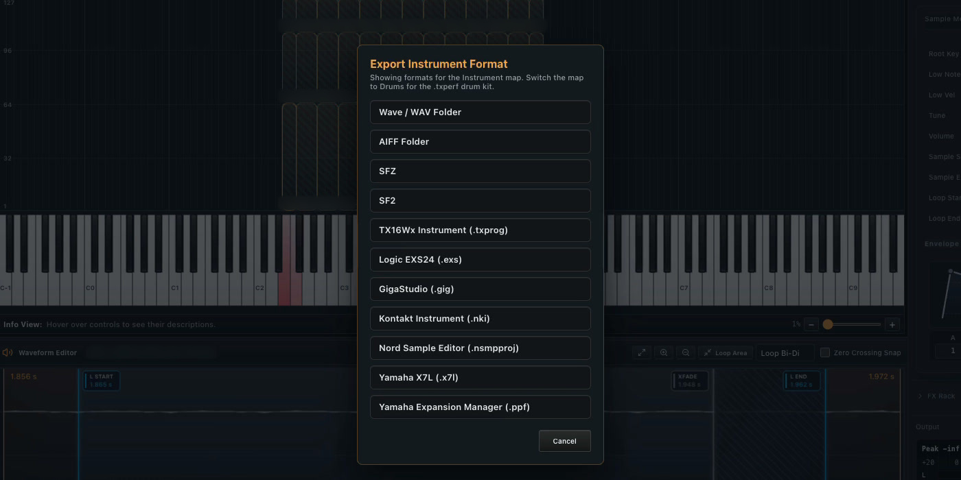 Actual SampleWorks Pro export window listing the export formats