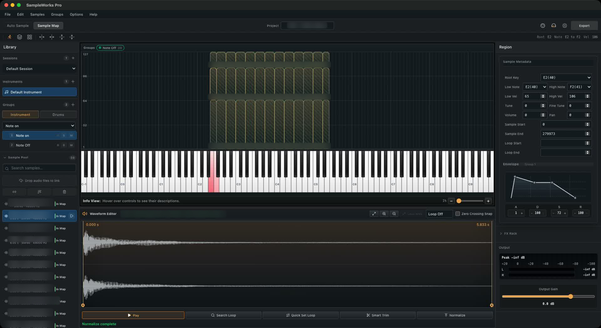 Actual SampleWorks Pro session with guitar samples, three velocity layers, keyboard mapping and the stereo waveform editor